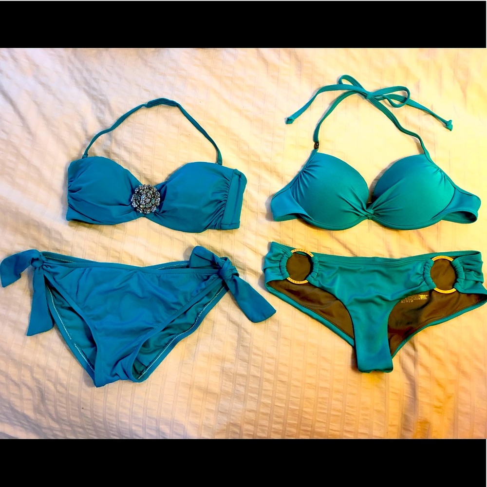 VS Teal Bikini 34B Pushup /Hipster XS Bottoms & Teal Rhinestone Bikini size S.